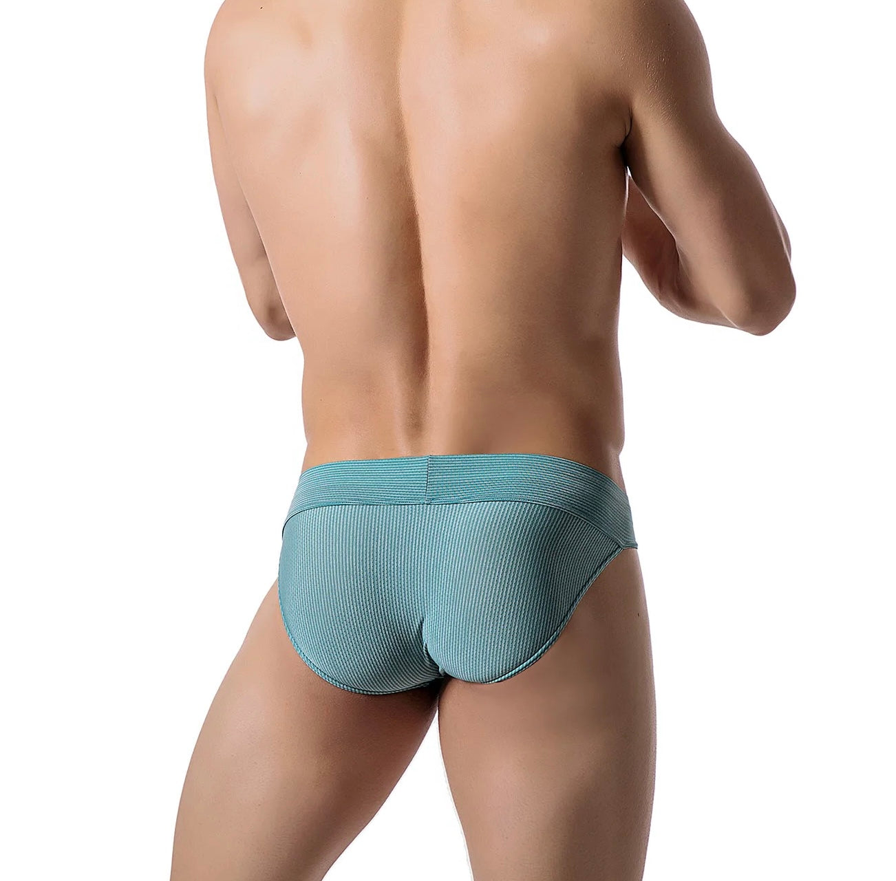 Man in turquoise brief, backside