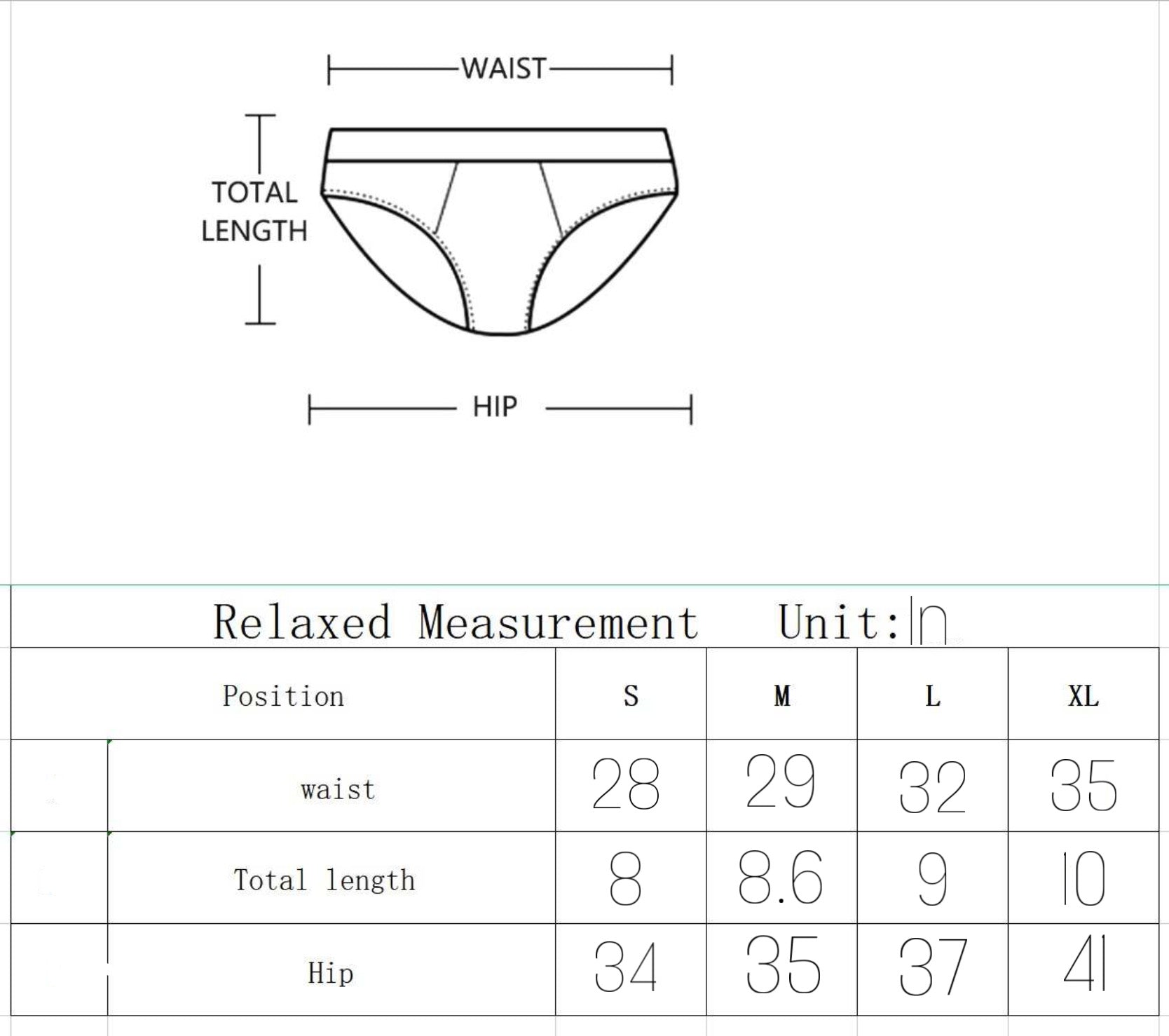 Size chart for Body Brief underwear